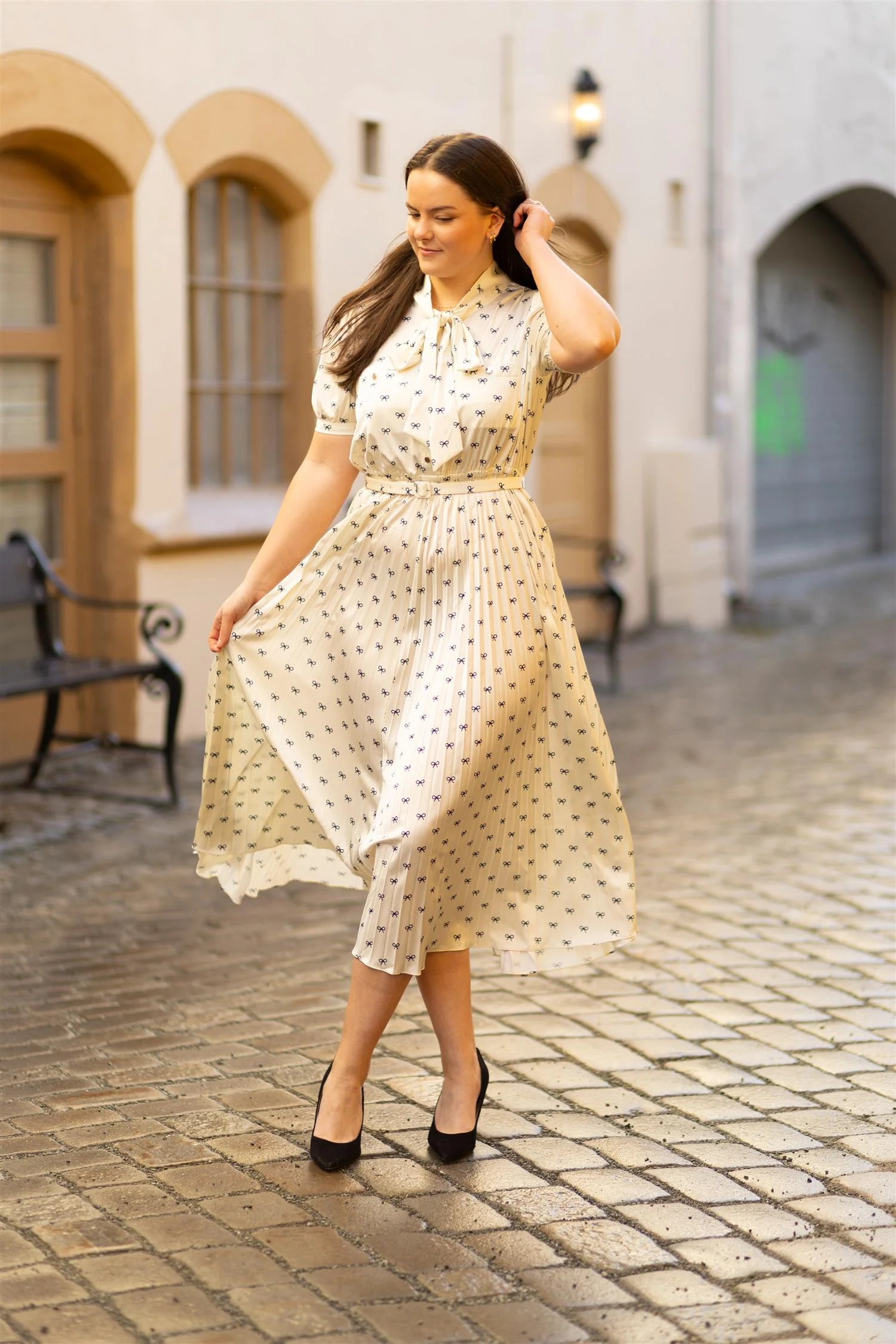 Cream Satin Bow Print Midi Dress - Image 2
