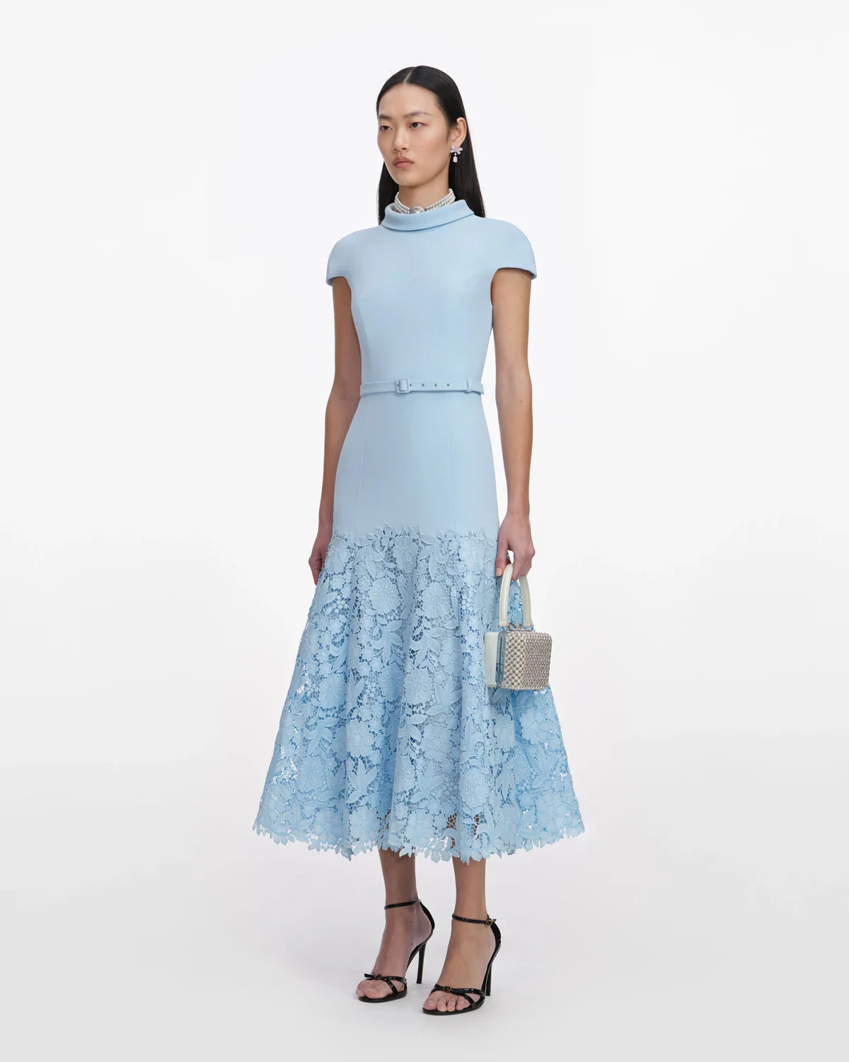 Blue Crepe Lace Midi Dress - Image 3