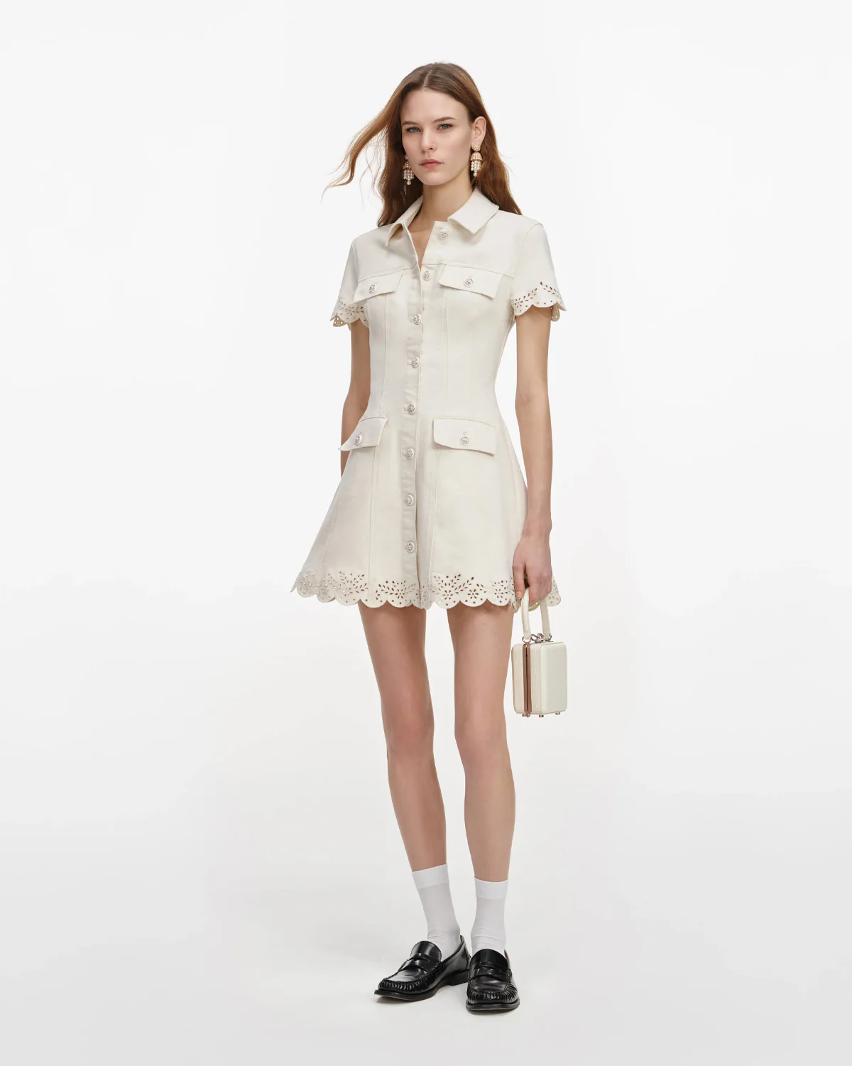 Cream Broderie Denim Mini Dress - Image 3