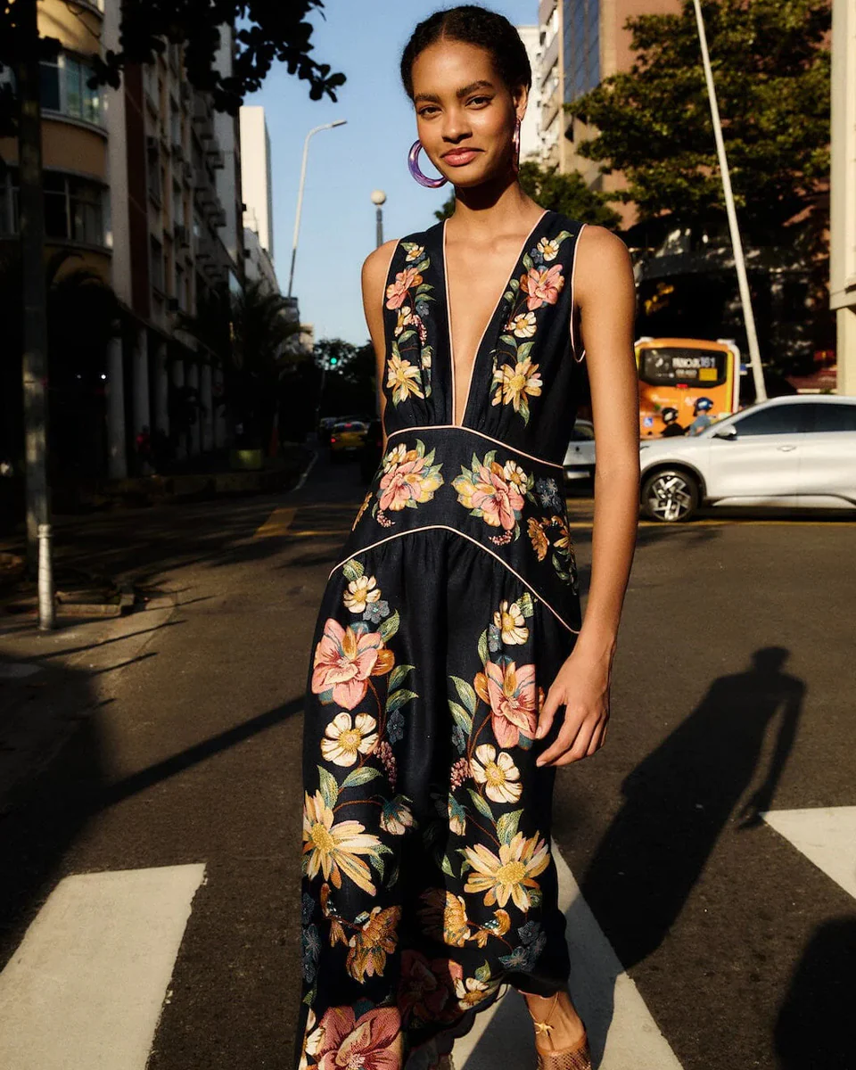 Maira Floral Dark Blue Midi Dress - Image 3