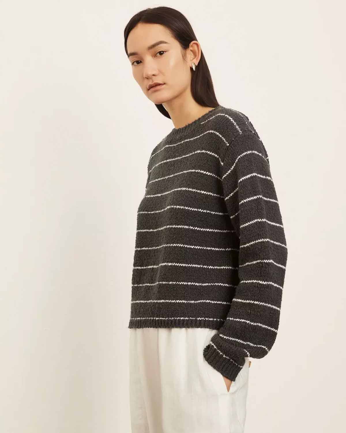 Pebbled Cotton Stripe Crew Neck Sweater - Image 2