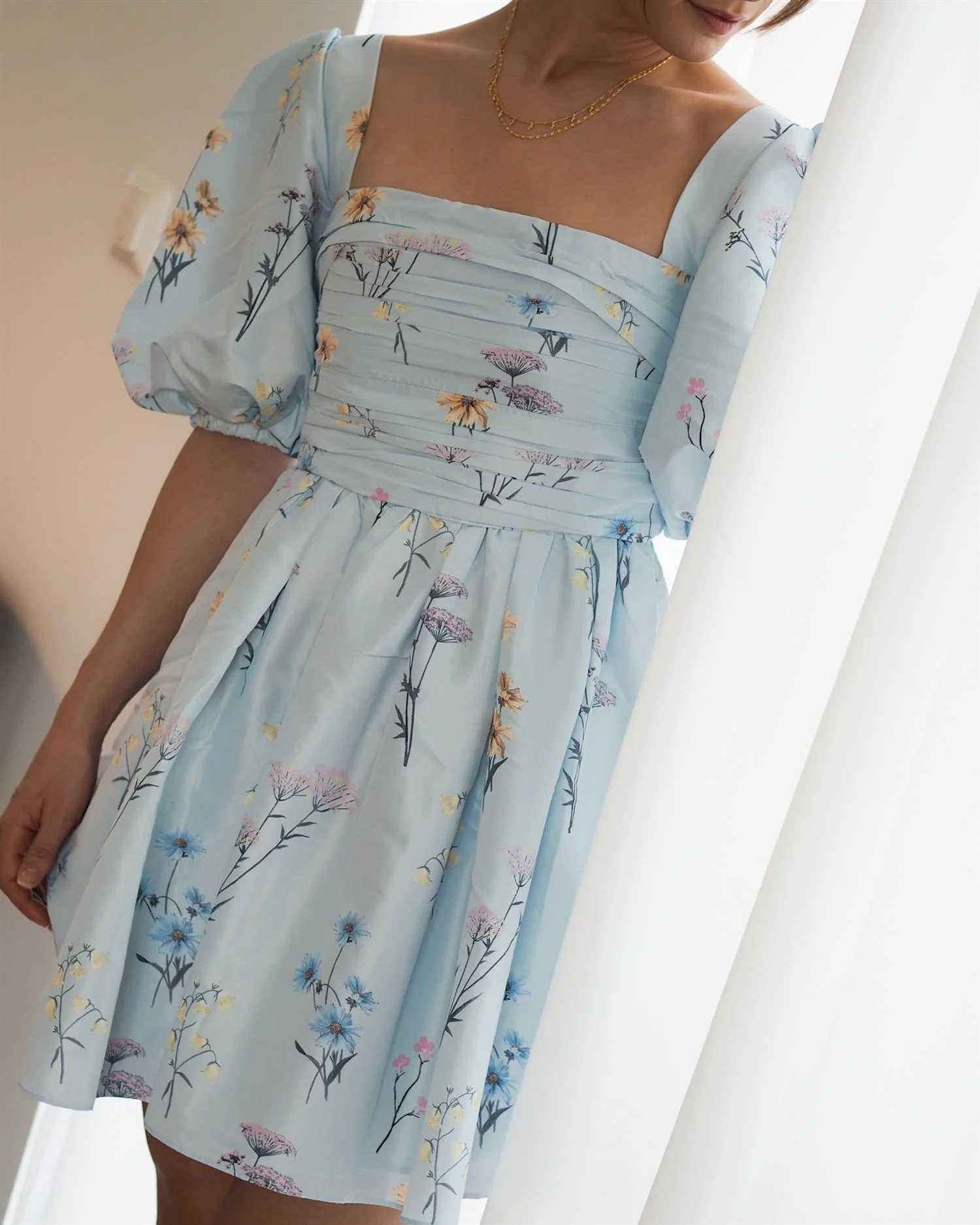 Blue Floral Watercolor Taffeta Mini Dress - Image 5