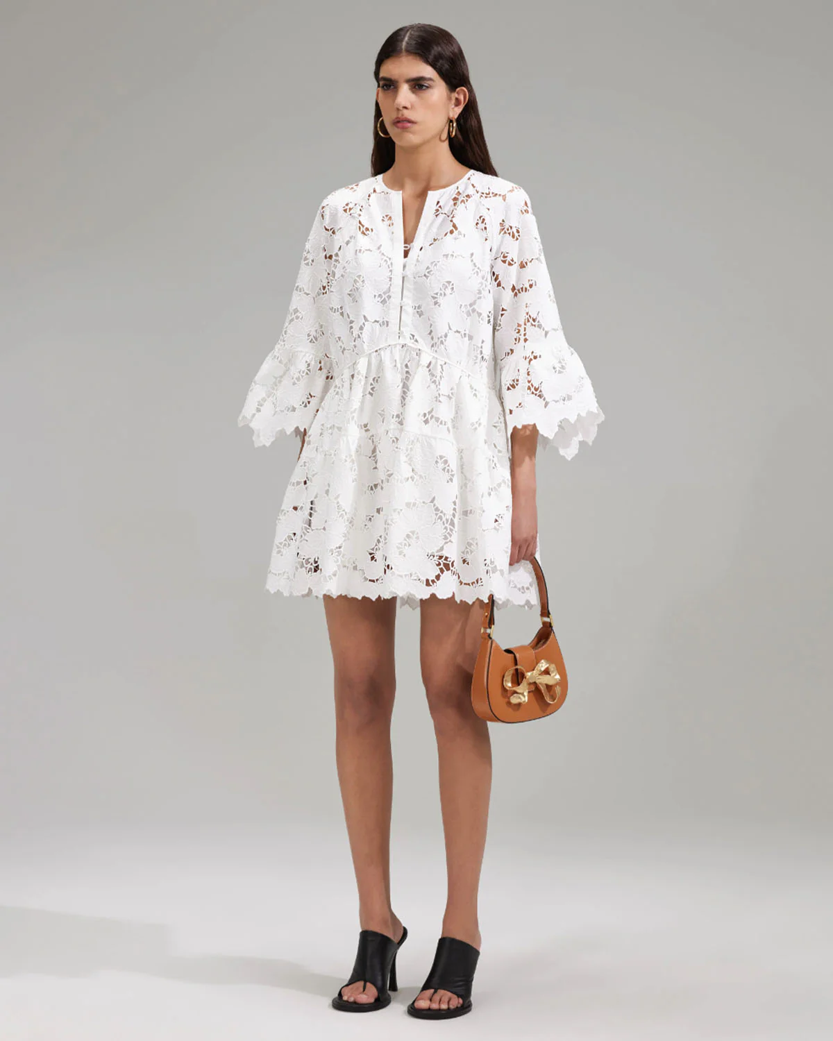 White Cotton Lace Wide Sleeve Mini Dress - Image 2